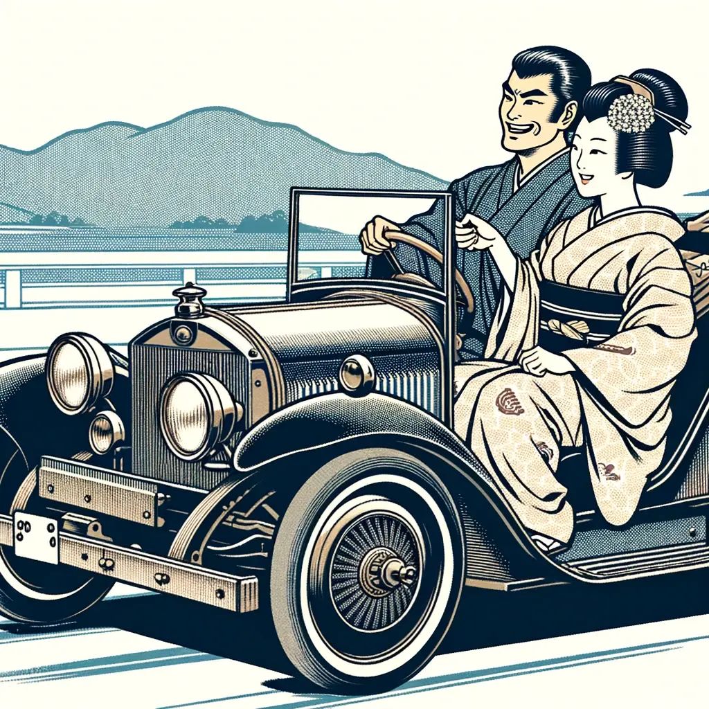 An ukiyo-e style illustration depicting a man and a woman in traditional Japanese clothing traveling by car. 