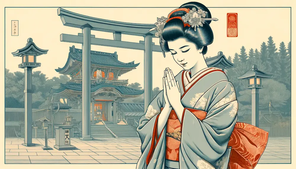 A ukiyo-e style illustration depicting a Japanese female merchant in traditional kimono, praying for prosperity.