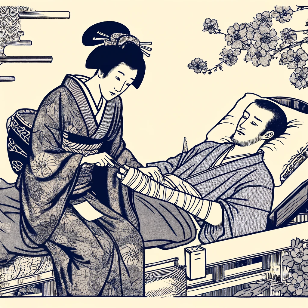 An ukiyo-e style illustration depicting a female nurse in traditional Japanese kimono taking care of an injured man. 