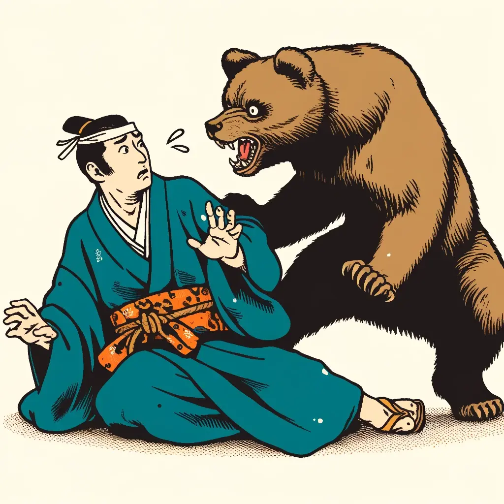 An ukiyo-e style illustration depicting a man in traditional Japanese clothing being threatened by a bear. 