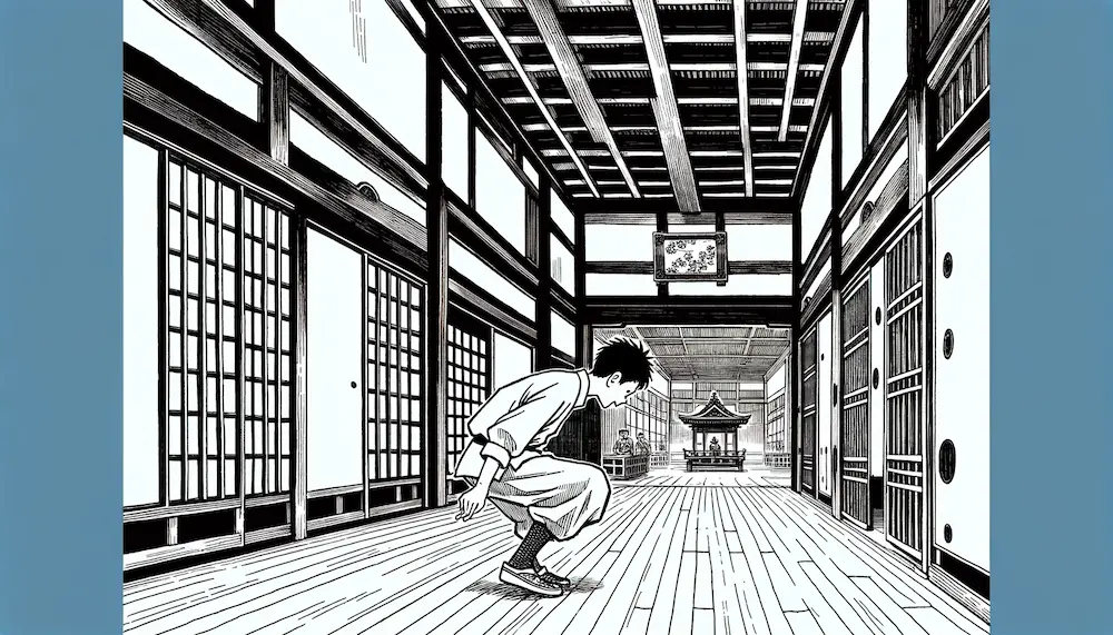 a Japanese boy tiptoeing silently down the corridor of Nijo Castle