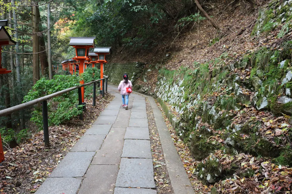 The path is lined with beautiful red lanterns