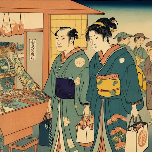 A man and woman in kimonos buying souvenirs