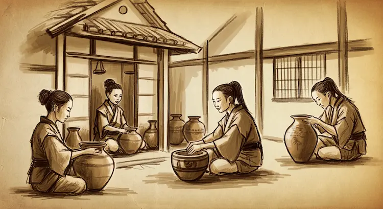 Ancient Japanese people making Jōmon pottery